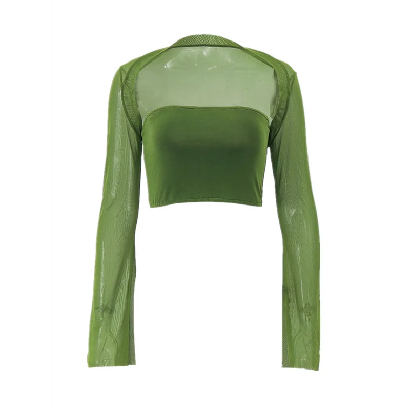 CYL-طقم نسائي مكون من قطعتين شبكي بأكمام طويلة مشد علوي عصري Y2K رقبة مربعة للخروج بوستير شال قصير #1