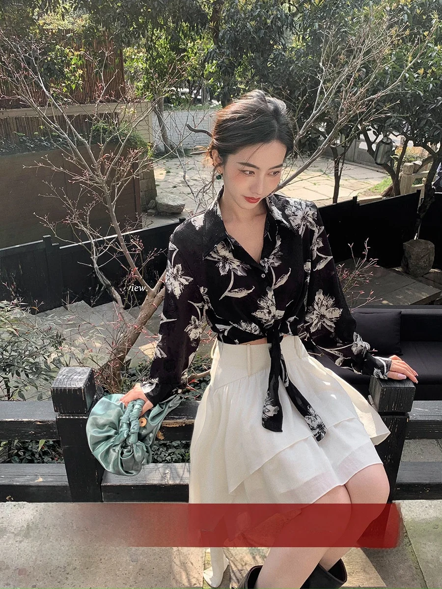 

Loose Fit Ink Wa Print irt Korean Sle Knot Detail Regular Length Polyester Fabric Sun Protection ort irt