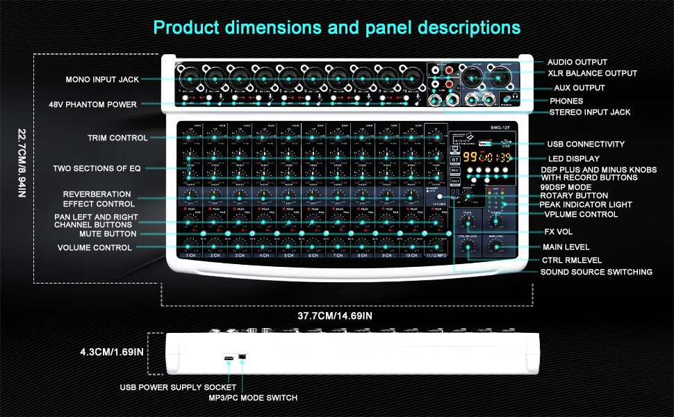 

BMG-12F 12 Channel Professional USB Audio Built-in 99 Reverb Effect Mixer Mixing Console With Bluetooth Mixer For Studio/Stage