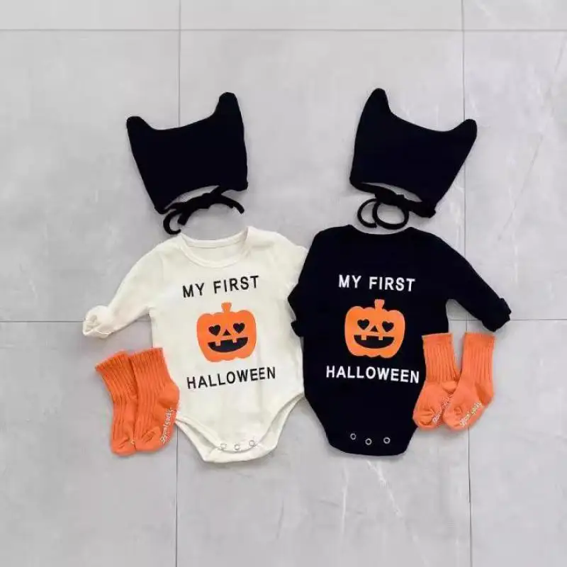 2026 Autumn New Baby Long Sleeve Bodysuit + Hat Infant Boy Girl Halloween Pumpkin Print Jumpsuit Cotton Newborn Clothes 0-24M
