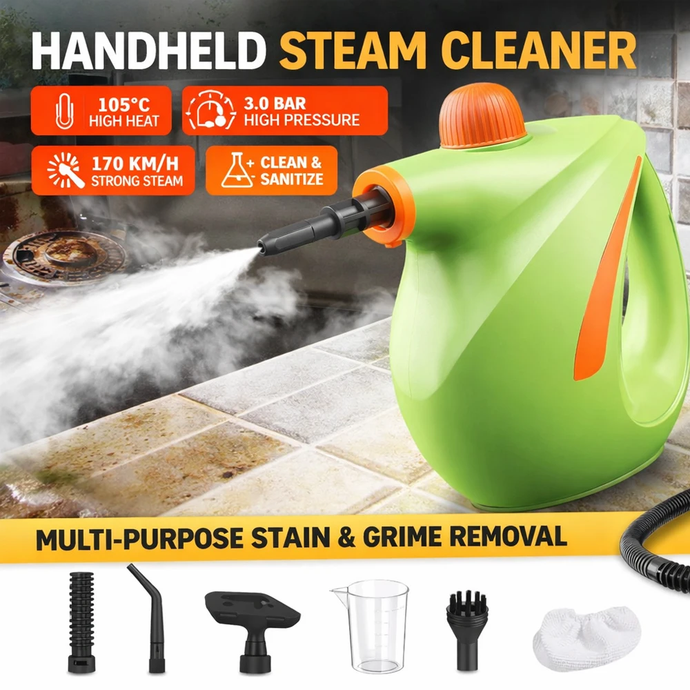 

Портативный пароочиститель 1200 Вт, высокое давление 3.0 Бар, быстрый нагрев за 20 секунд, бак 700 мл, для уборки различных поверхностей: дома, кухни, диванов, плитки