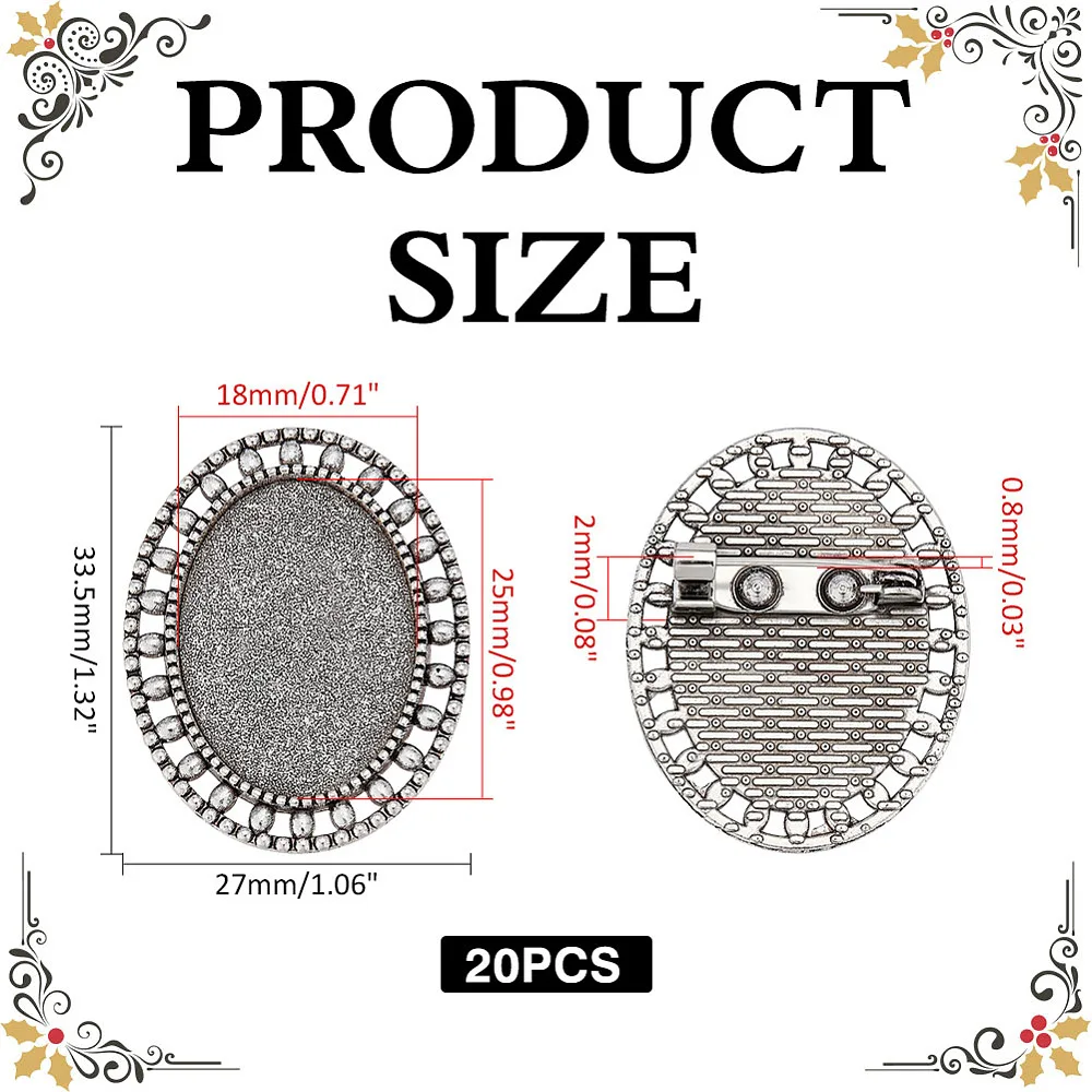 20Pcs Picture Lapel Pins Style Brooch Cabochon Setting Blank Bezel Oval Brooch Pins Photo Pins 25x18mm Tray for Wedding Bridal