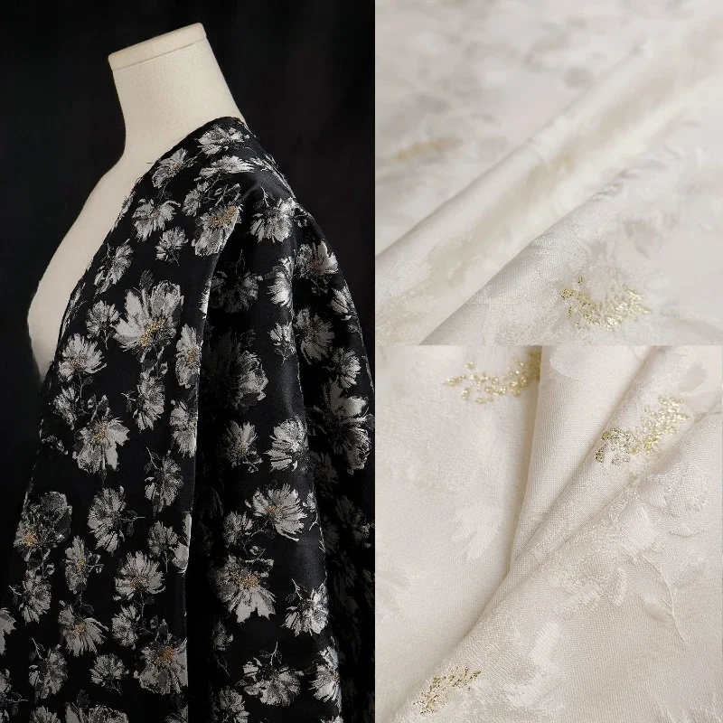 White and Black Jacquard Fabric National Style Relief Gold Silk Printing Horse Dress Hanfu Designer Handmade DIY Fabric