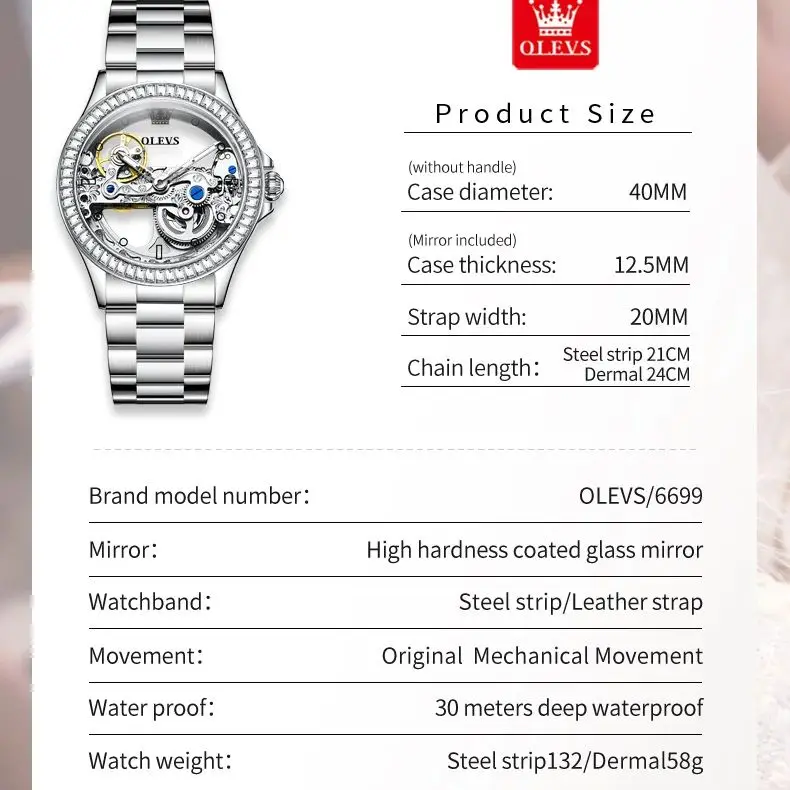 OLEVS 6699 ساعة ميكانيكية فاخرة مجوفة للسيدات ماركة أصلية مقاومة للماء ساعة ماسية أنيقة للنساء ساعة أوتوماتيكية بالكامل هدية