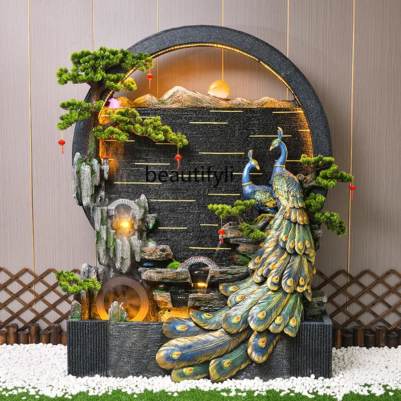 Peacock running water wall water curtain landscape lucky ornament fish tank hotel lobby front desk decorative screen