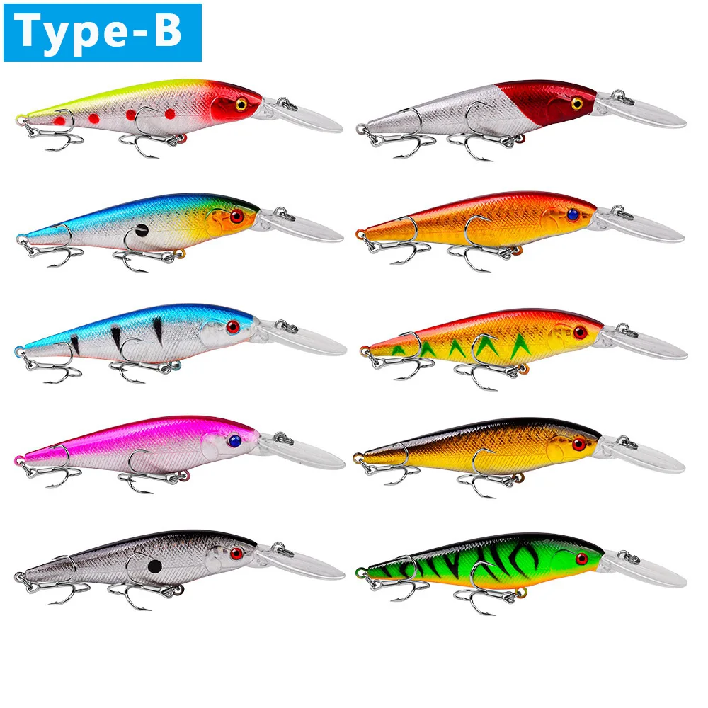 10pcs Artificial Hard Fishing Lure 10g 10cm Tackle Crankbait Minnow with 3D Eyes and Steel Ball