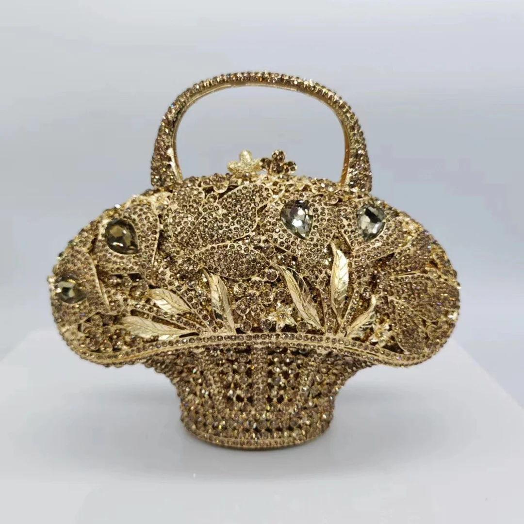 Flower Basket Diamond Dinner Bag Metal Hollow Hand-Held Rhinestone Women\'s Bag Banquet Clutch Purse Crystal Vintage Handbags