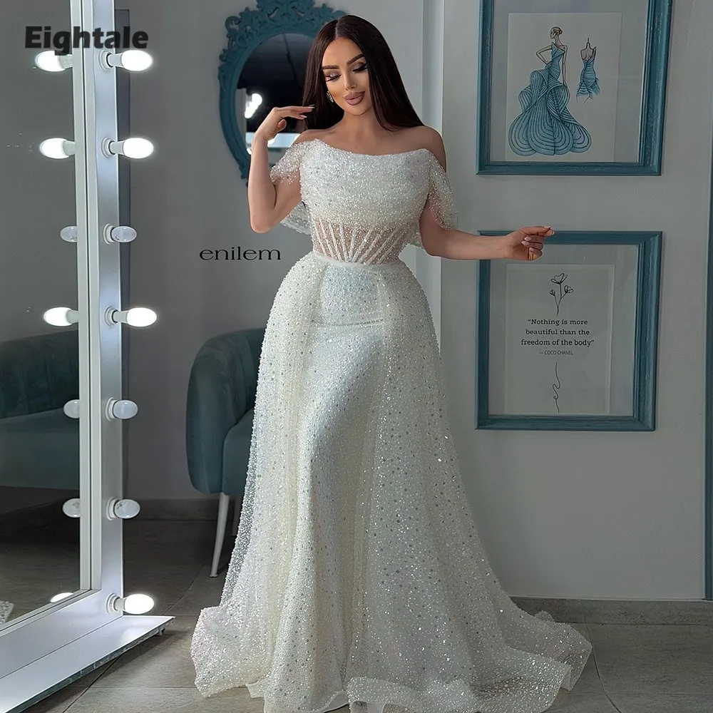 Eightale Arabic Wedding Dress Customized Ivory Scoop Off Shoulder Bridal Gown Sequin Muslim Mermaid Bride Party Dress