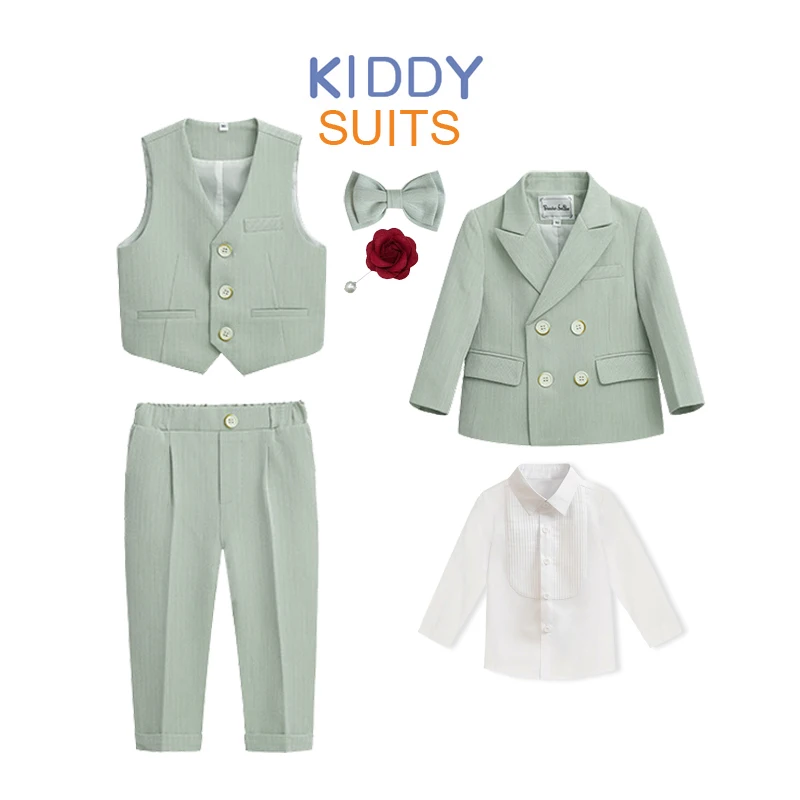 

Boys Suits British Children's Clothing Set Baby Flower Girl Dresses Handsome First Birthday Party Fashion Green Formal Suit