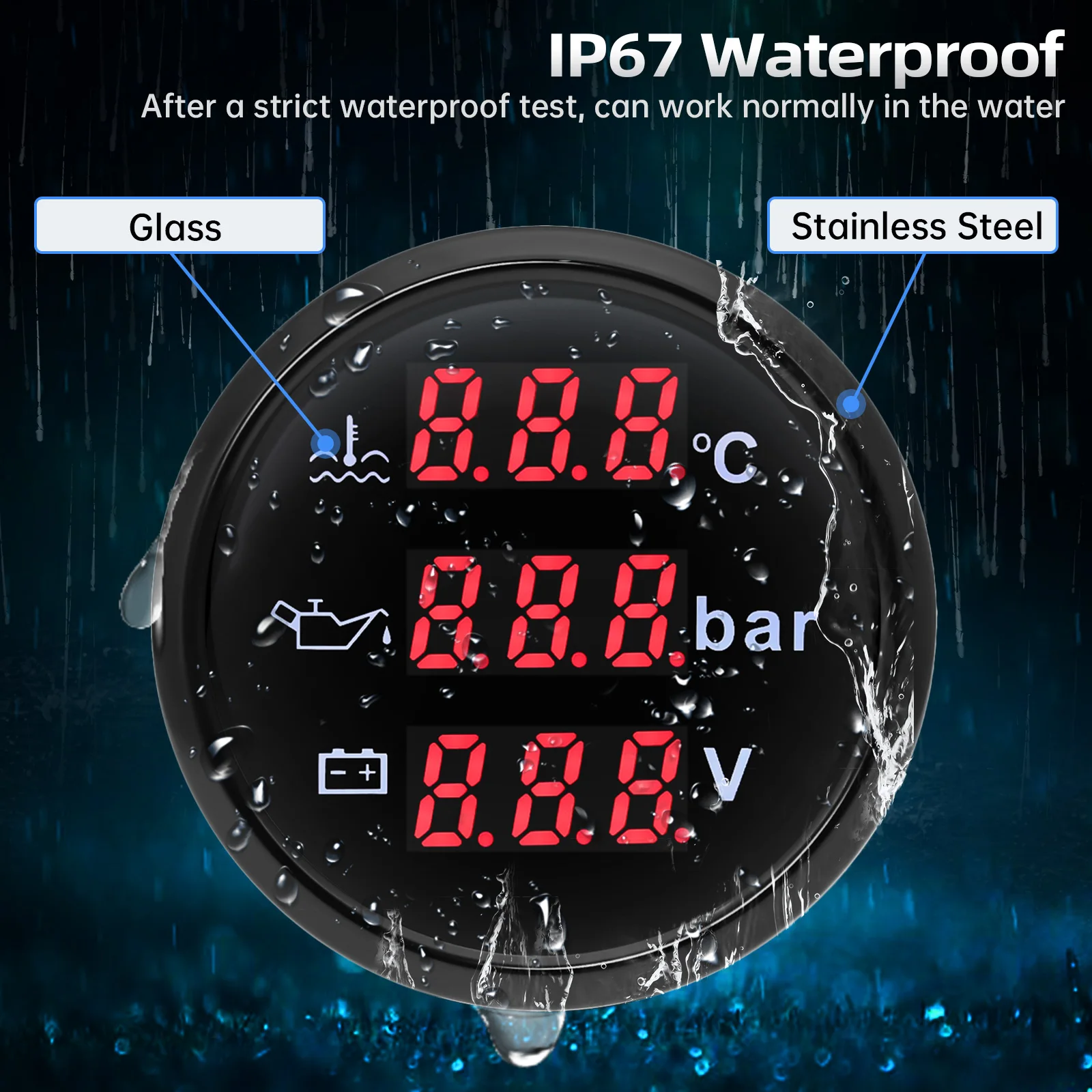 3 In 1 52mm Digital Gauge with Alarm 0~120℃ Water Temperature Gauge+Oil Pressure+Voltmeter 0-10Bar Oil Press Meter 9-32V