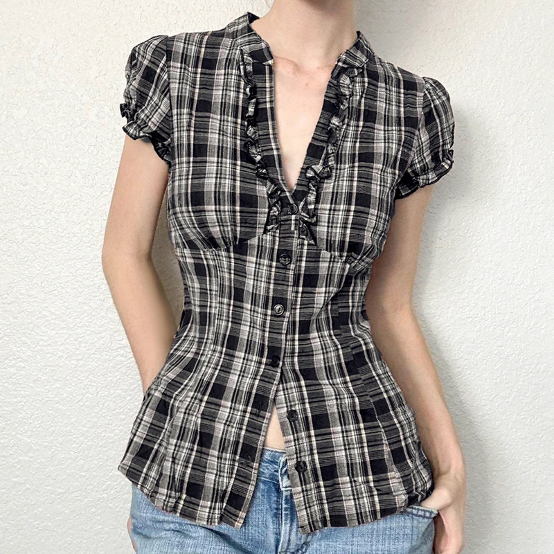 

Women's Summer French Vintage Niche Plaid Color Block Ruffle Trim V-neck Puff Sleeve Waist Cinching Blouse Shirt Top
