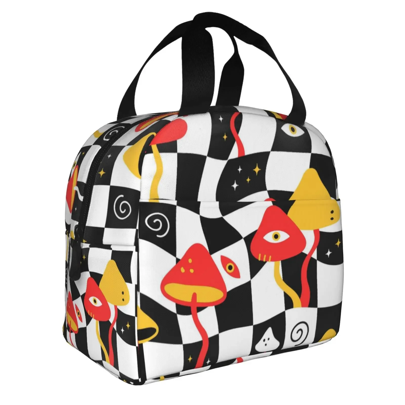 Trippy Mushroom Black White Checkered Print Lunch Bag Portable Thermal Cooler Insulated Bento Box For  Food Tote Bags