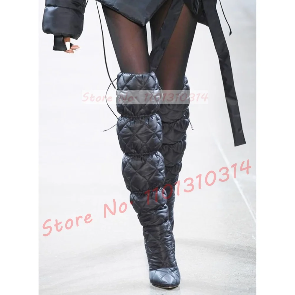 Plaid Drawstring Over-knee Boots Women Sexy Quilted Shiny Leather High Heels Pointy Toe Boots Ladies Winter Warm Long Shoes