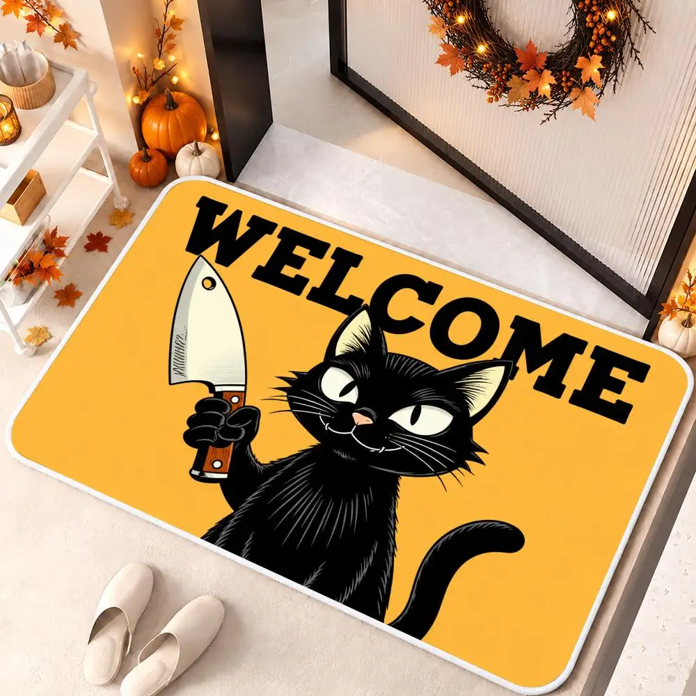 Knife Cat Welcome Floor Mat Soft Flannel Floor Mat Cloud Feel Non-slip Bath Rug Machine Washable Foam Carpet Door Mat