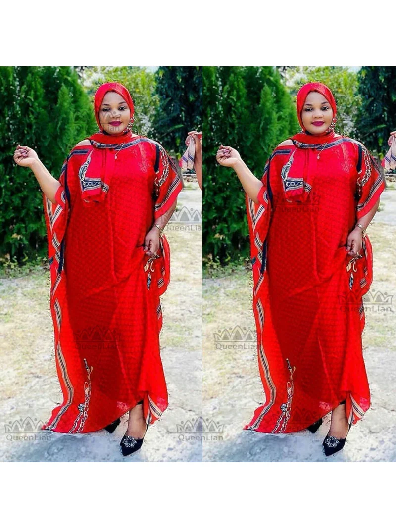 Free Size New Chiffon Super Size African Dashiki Traditional Party Dress with Scaf for Lady