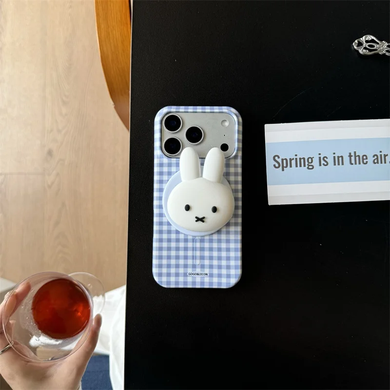 

Kawaii Miffy Rabbit Blue Gingham Magnetic Phone Case For iPhone 17 16 15 Pro Max Cute 3D Stand Shockproof Cover For MagSafe