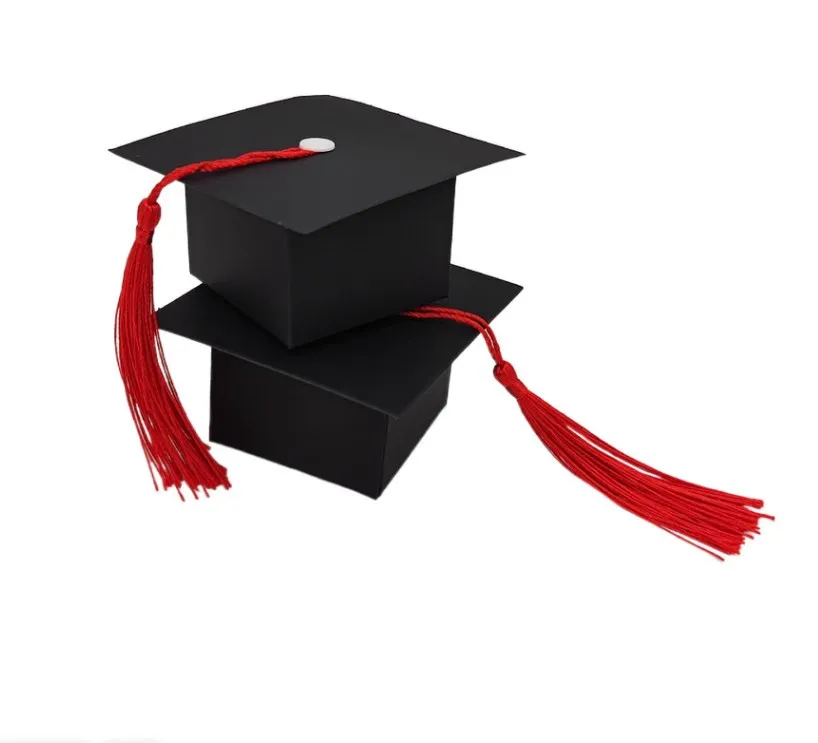 

50pcs Candy Box Black Graduation Hat With Red Tassel Keepsake Container For Party Favors Decorations Table Centerpieces Fillable