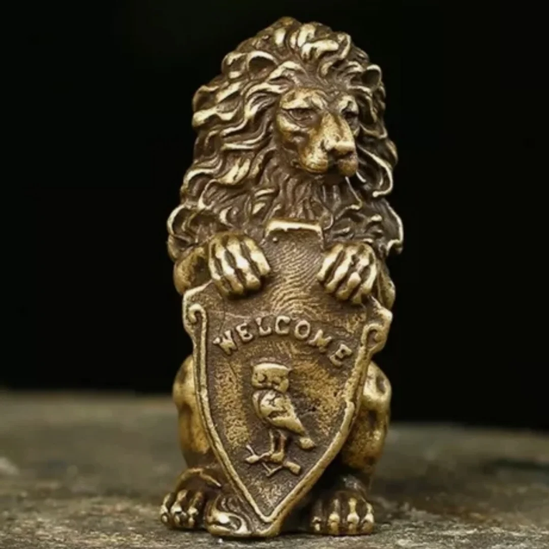 Brass Lion Welcome Animal Statue Small Sculpture Tabletop Figurine Home Decor