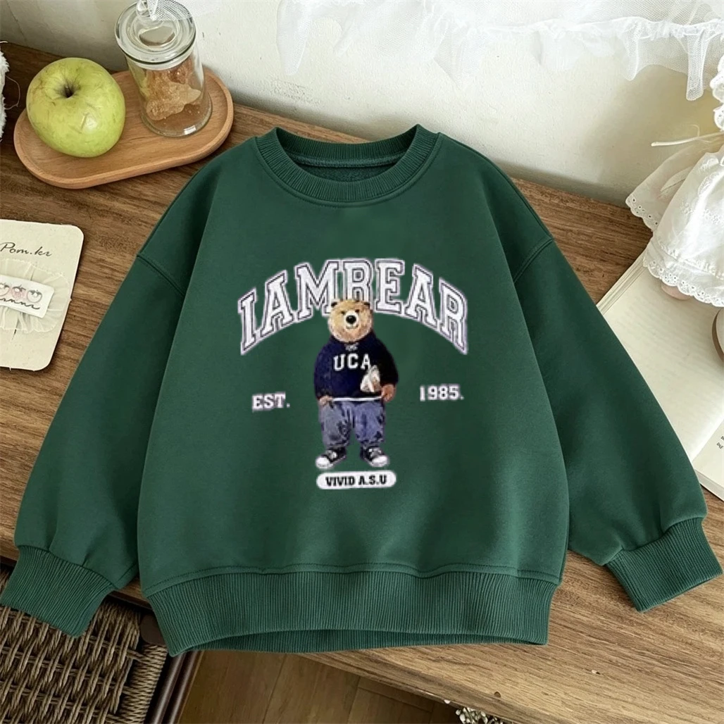 Cartoon Little Bear Print Hoodies Outer Wear Girls Child Casual Loose Clothing Simple Versatile Sweatshirts  Long-sleeved Tops