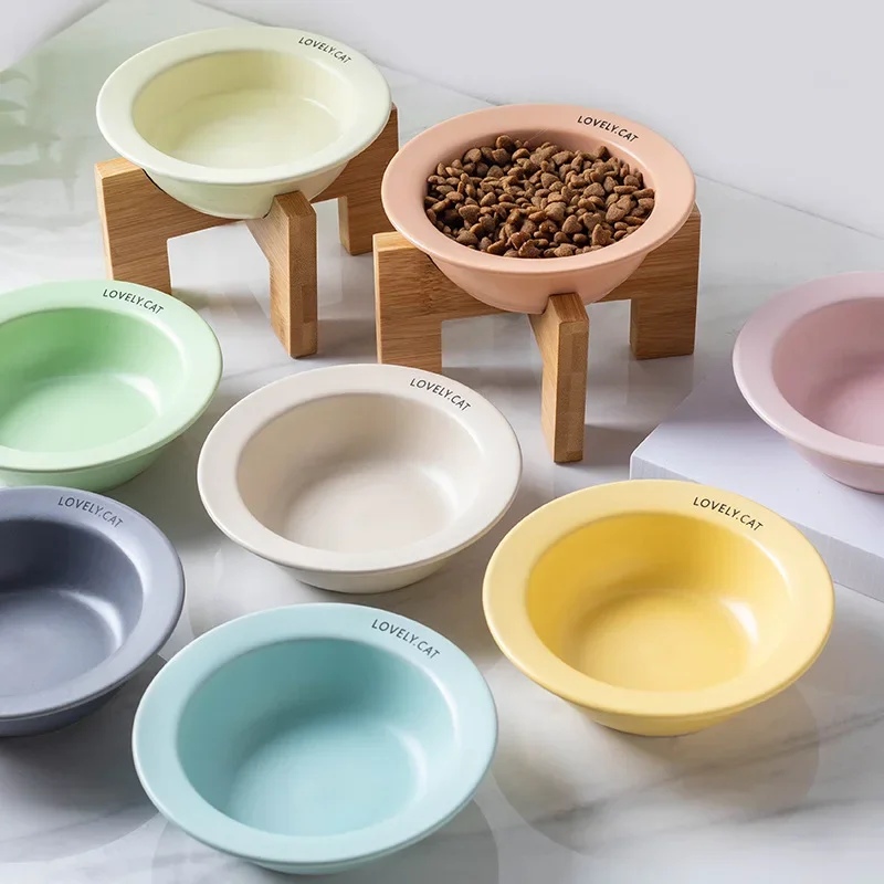 

Dog Accessories Pet Cat Bowl Cervical Spine Protection Slanted Mouth Ceramic Wooden Frame Bowl for Dog Cat Feeder