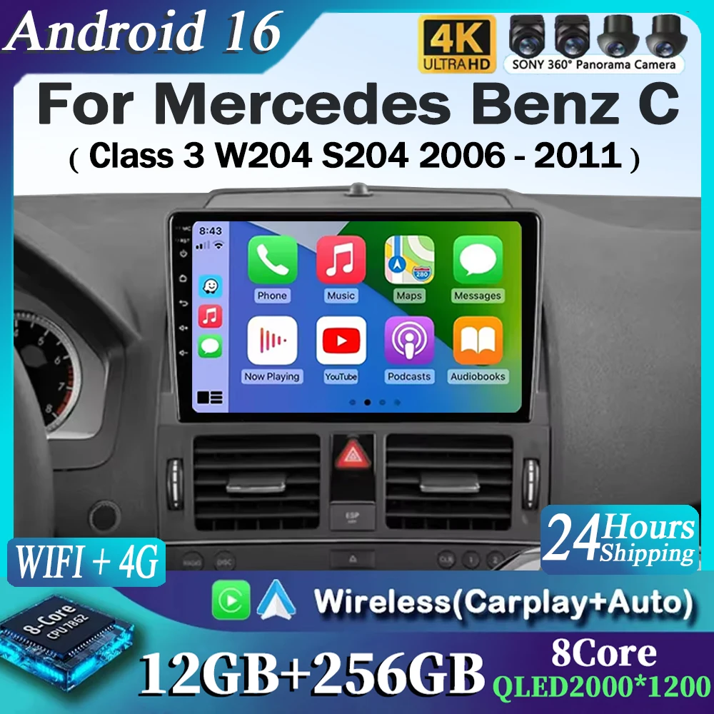

Для Mercedes Benz C-класса W204 S204 2006-2011 2K 12+256 QLED Android 16 CarPlay Автомагнитола Мультимедийный видеоплеер GPS стерео