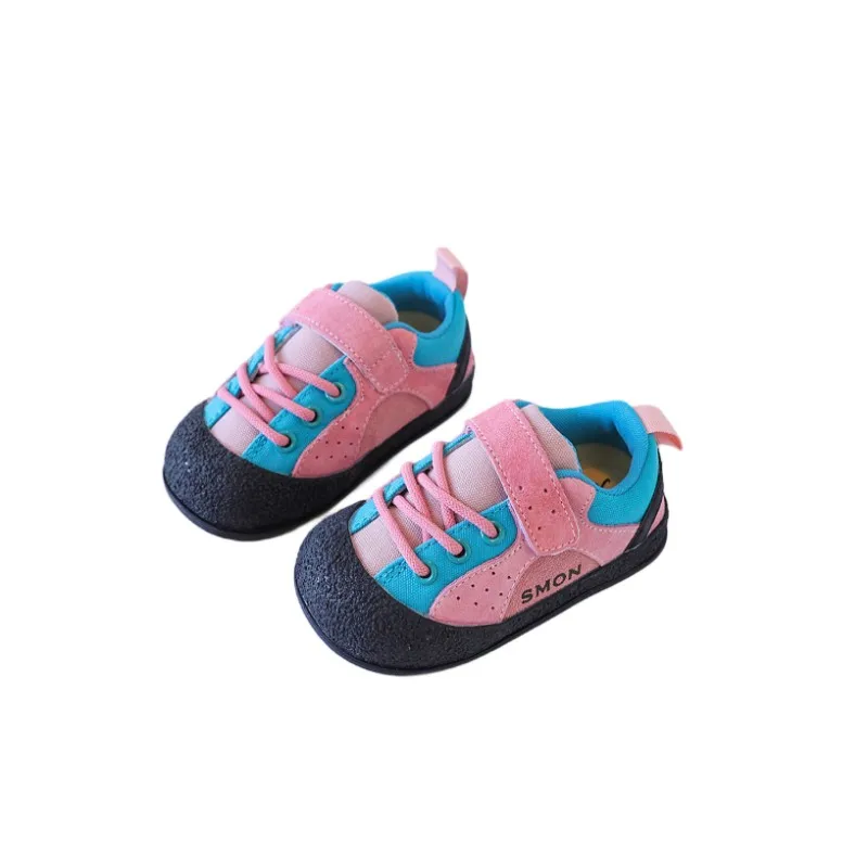 Pink Kids cowhide walking shoes autumn new item outdoor boys girls canvas shoes soft sole Anti slip casual baby functional shoes