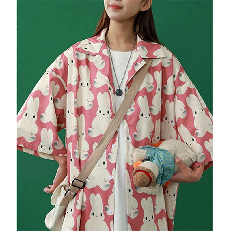 4 Colors Cute Bunny Cartoon Full Print Oversized Men Shirt Summer Beach Hawaii Women Button Up Shirt Large 2XL Korean Fashion