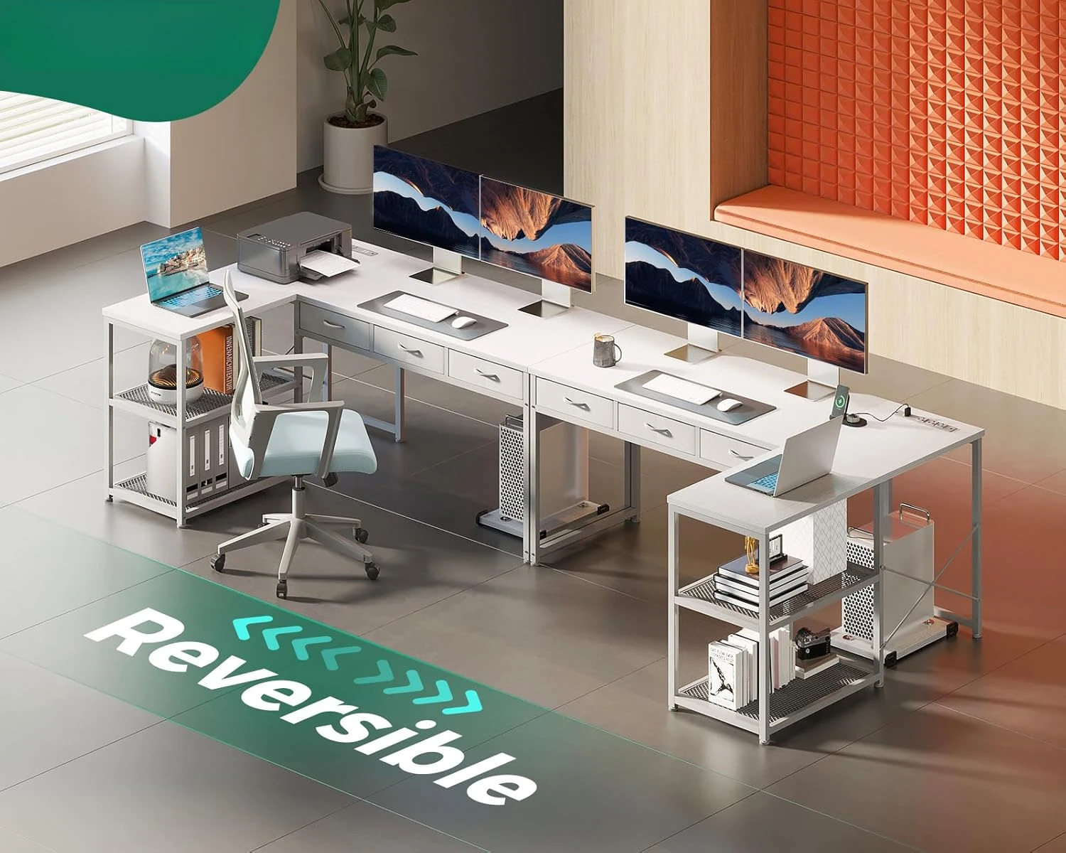 53 Inch L Shaped Computer Desk with Drawers, Corner Desk with Power Outlets & Reversible Storage Shelves, Movable CPU Stand