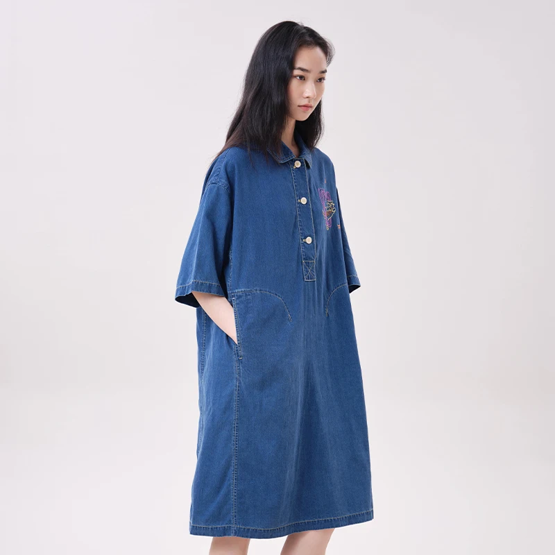 MOVEUP Lyocell Denim Dress Polo Collar Heart Cat Embroidery Dresses Side Pockets Loose Dropped Half Sleeve Midi Dress 3ELX41308 view 4