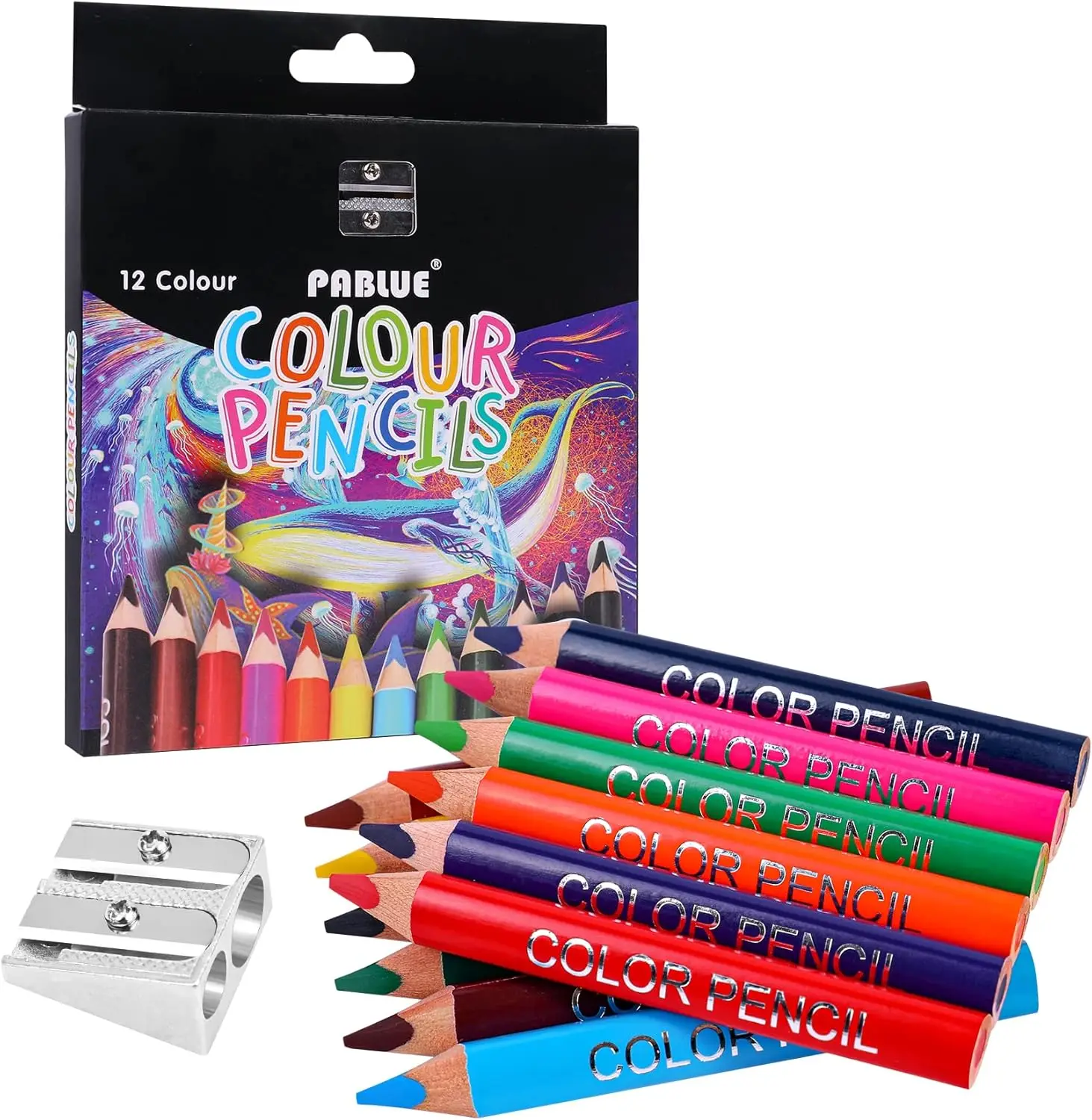 

Jumbo Triangular Colored Pencils Set with Sharpener and Eraser, 12 Colors for Kids Drawing and Doodling