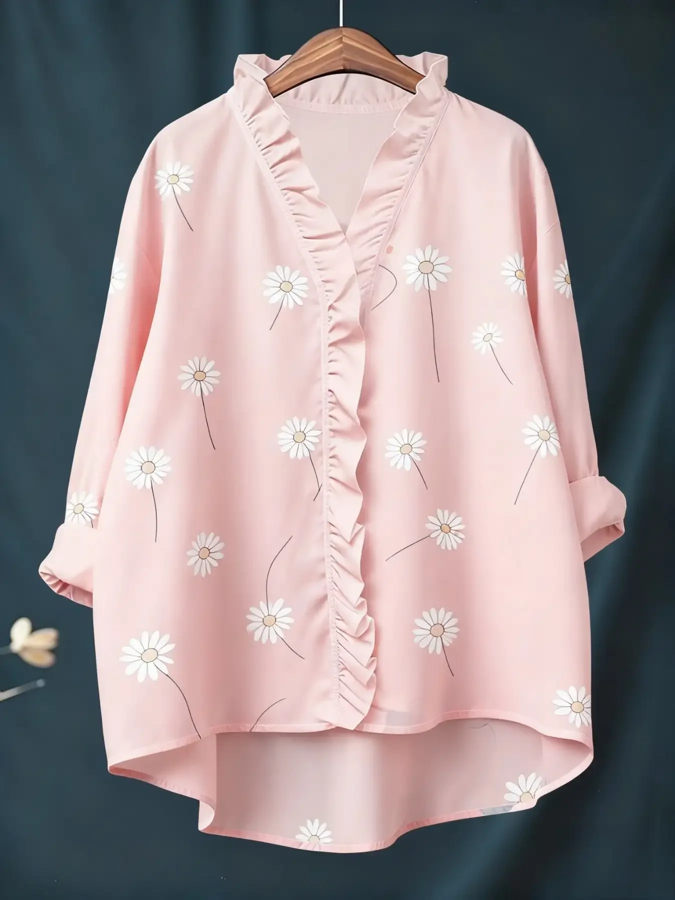New women's printed long sleeved shirt with ruffled neckline, Multi functional daily and formal occasions wear,