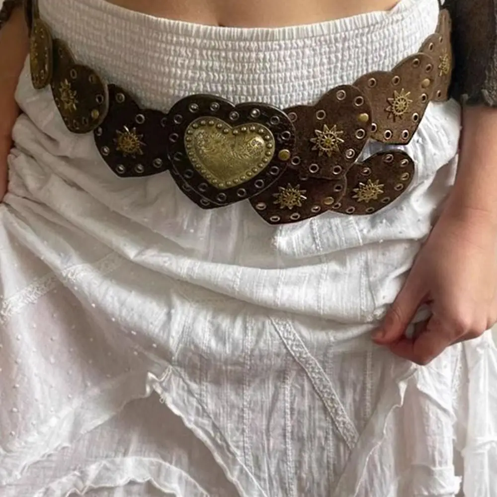 موضة أحزمة القلب المعدنية واسعة Y2K أحزمة برشام معدنية مبالغ فيها خمر كاوبوي حزام الجينز الزخرفية