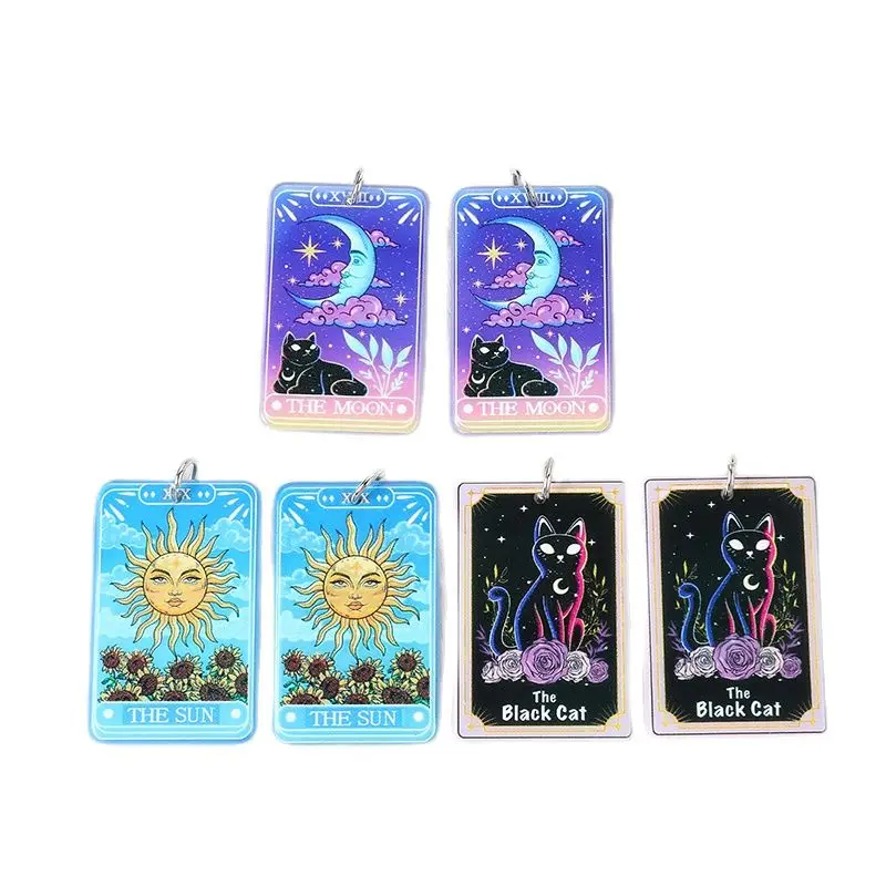 12 sztuk 43*27MM karty do tarota Charms magiczne wróżby rzemiosło płyta akrylowa słońce księżyc i czarny kot biżuteria DIY akcesoria