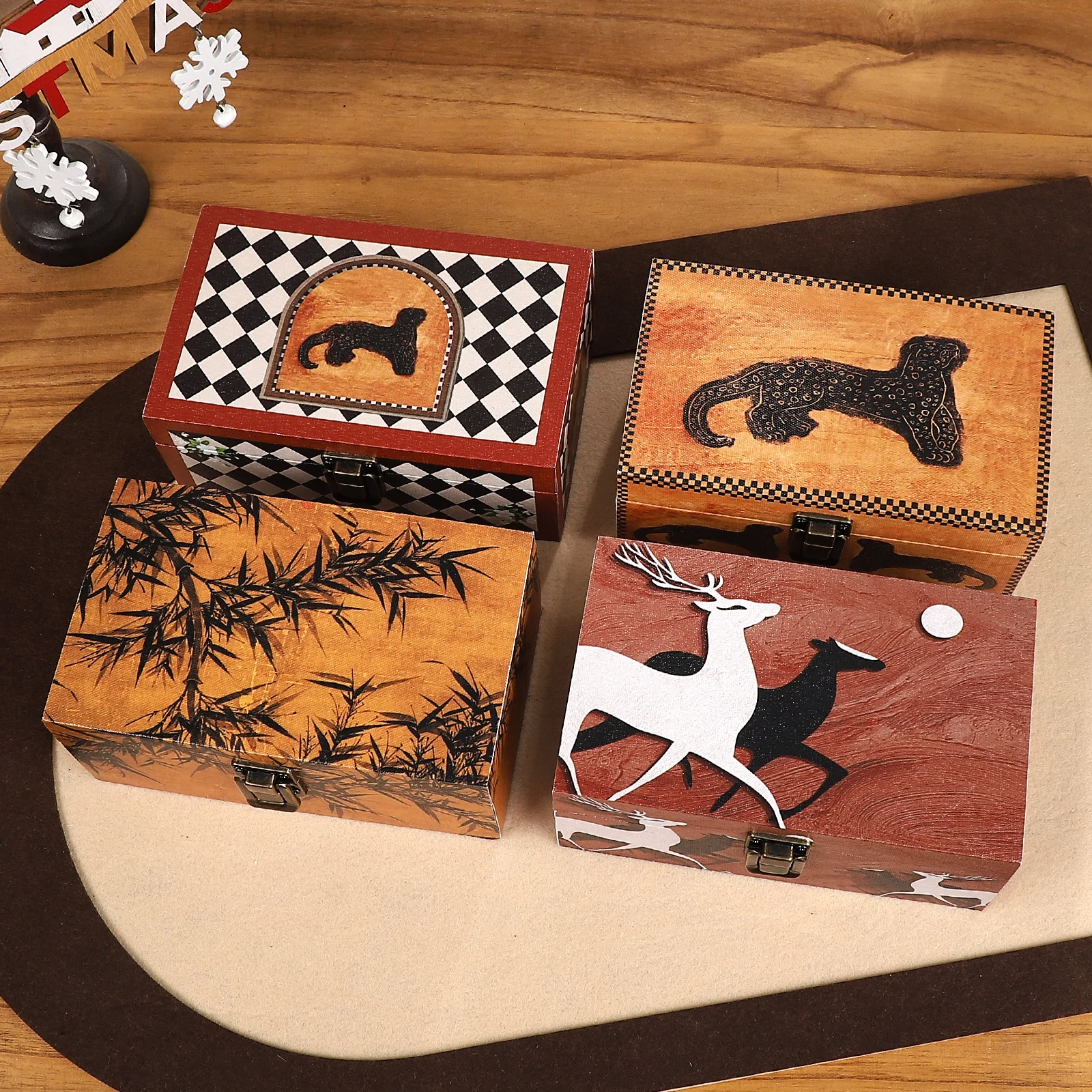 Vintage Gird Elk Bamboo Leopard Pattern Landscape Wooden Storage Box Creative DIY Journal Material Collage Stationery