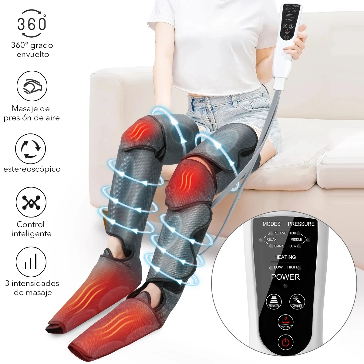 New Leg Air Compression Stimulator Heated For Foot And Cow Thigh Circulation With Handheld Controller 3 Modes 6 Intensity