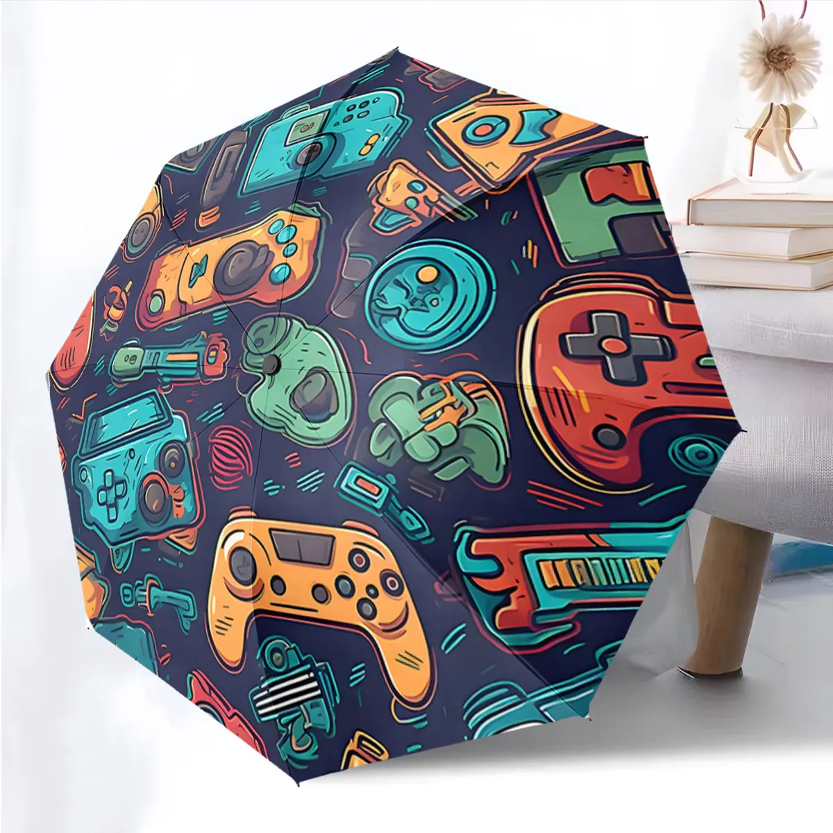 1PC Gaming Gear Umbrella: A Playful Rain Shield Print 8 Iron Ribs Folding Umbrella Auto-Open Fashion Sunshade