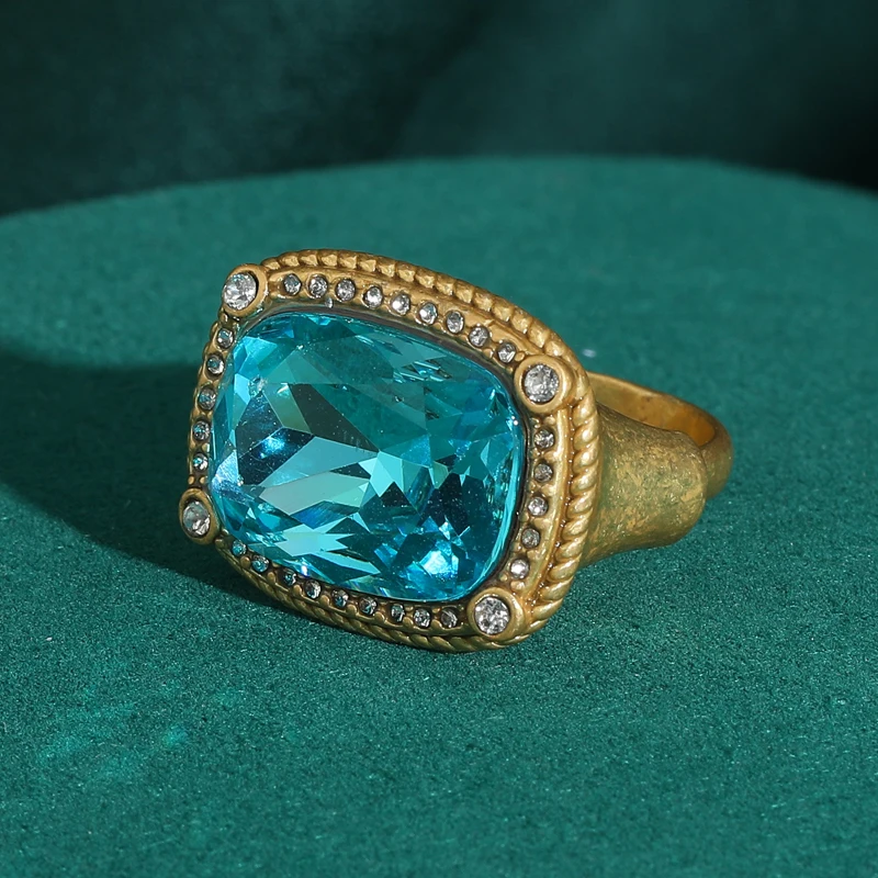 Vintage Sea Blue Rectangular Crystal Ring Gold Color Luxury Design Antique with Rhinestones Copper Jewelry Accessories for Women