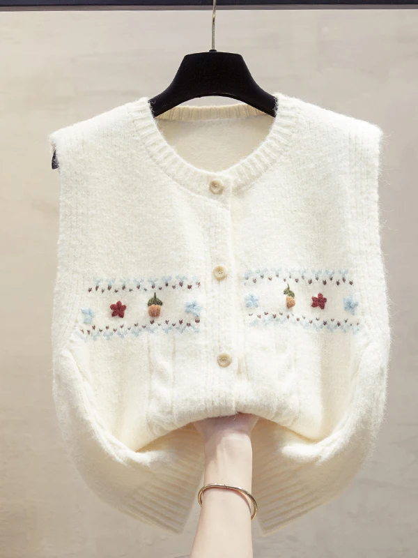 Hand Embroidered Knitted Vest Women's Spring Autumn Loose round Neck Sleeveless Sweater Vest Outerwear Trendy Comfortable Bre...
