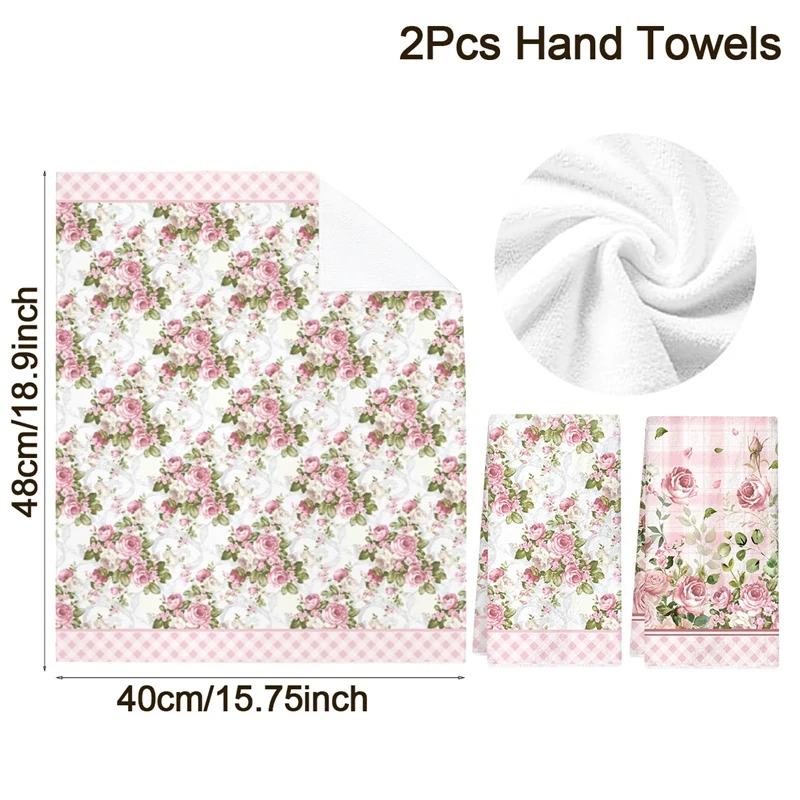 2pcs Vintage Pink Rose Kitchen Dish Towels Rose and Green leaf Printed Microfiber Hand Towels for Kitchen Home Cleaning Supplies