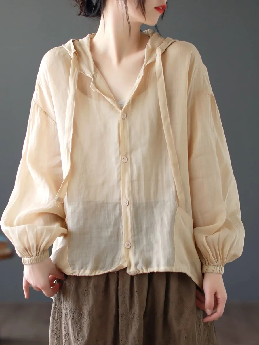 

Женская длинная рубашка из льна в стиле ретро, ​​летняя новая свободная повседневная верхняя одежда с капюшоном, открытый кардиган, защита от солнца, смесь хлопка