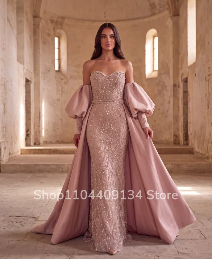 Dusty Pink Sweetheart Mermaid Prom Dress Detachable Puff Long Sleeves Heavy Beaded Lace Formal Evening Gown Customizd فستان سهره