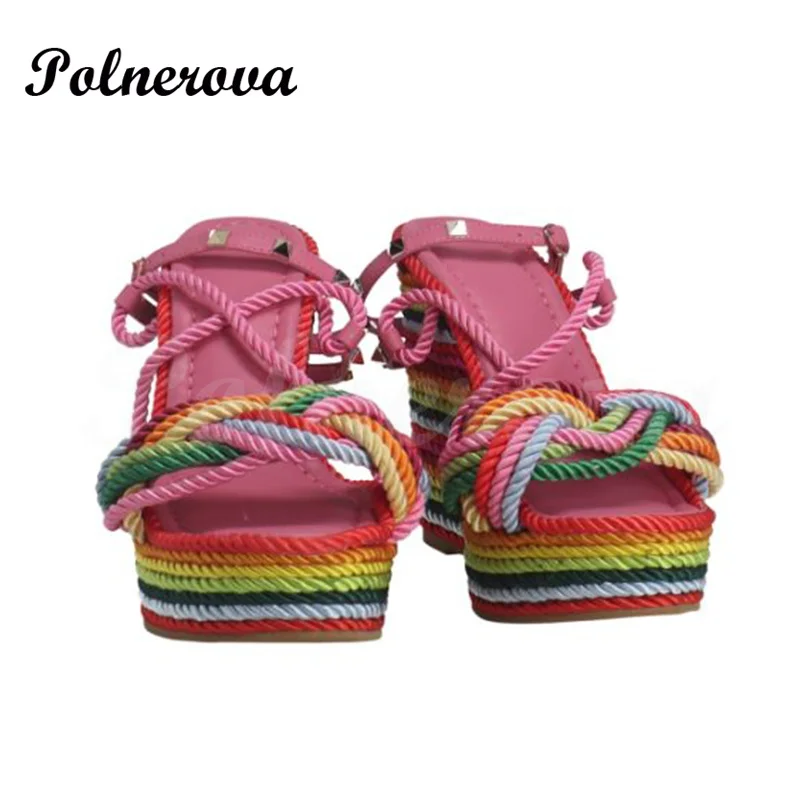 Colorful Hemp Rope Silver Rivet Espadrilles Wedge Sandals Genuine Leather Strap Wedge Sandals for Women Luxury Sandal High Heels