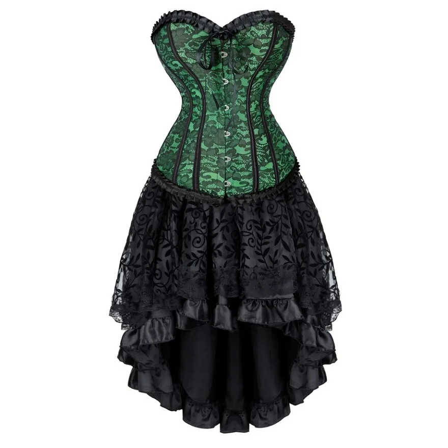 Victorian Lace Trim Corset Dress Sexy Satin Floral Overbust Corset Top Gothic Asymmetrical Skirt Plus Size Bustier Lingerie