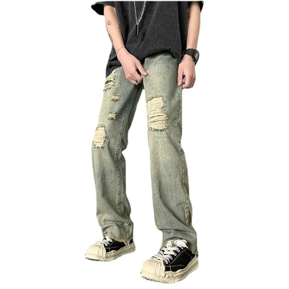 Straight Pants Jeans 50%Polyester+50%Cotton Casual Daily Fashion For Vacation Jeans Korean Men Ripped Comfy Fashion