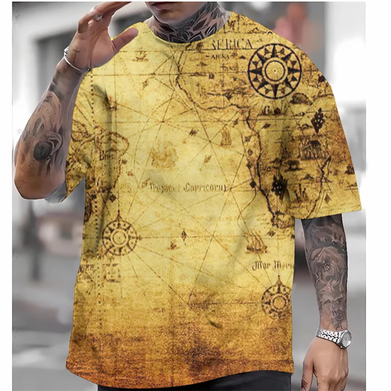 Vintage Nautical Graphic T-Shirt For Men Ship Map 3D Printed Tees Summer Casual Oversized Round Neck Tops T Shirts Short Sleeves