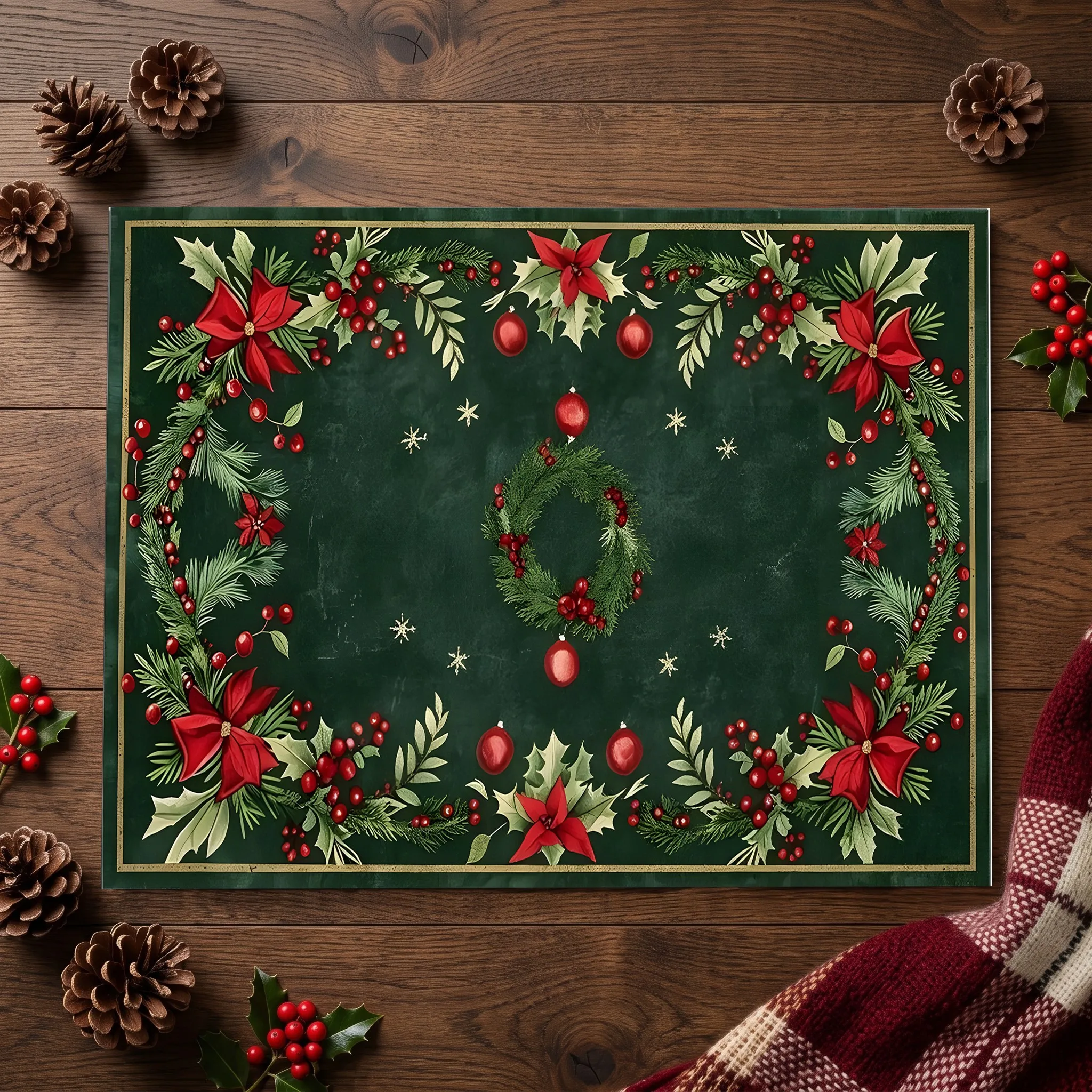 Christmas Wreath, Red Berries, Colorful Balls, Bow Print, Vintage Style Christmas Velvet Rug, Suitable for Entryway, Living Room, Bedroom, and a Warm Autumn/Winter Atmosphere