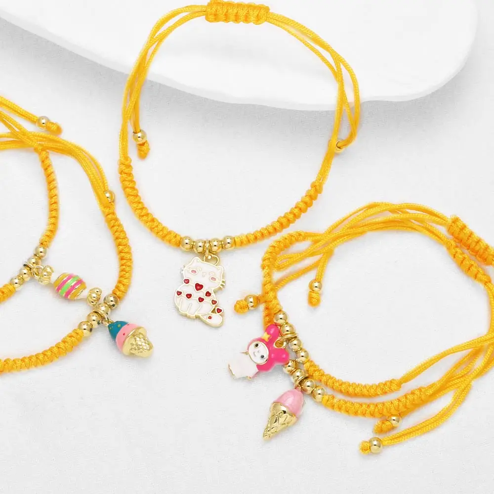 FLOLA Orange String Candy Ice Cream Bracelets for Women Enamel Red Heart Cat Bracelets Gold Plated Jewelry brth06