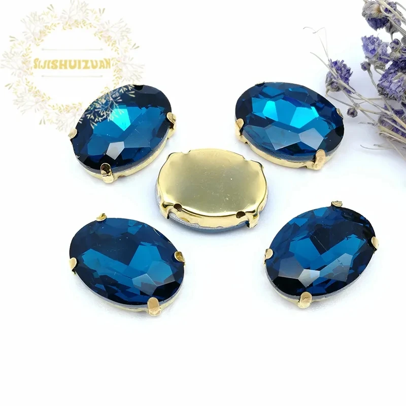 Peacock blue Crystal Oval With Gold Claw Setting Rhinestones Sewing Clothe For Needlework Stone DIY Sew On Wedding Dress Shoes