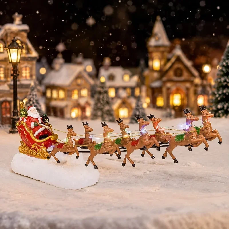 Santa's Sleigh And Reindeer LED Light Christmas Village Decor Accessory Illuminated Figurines for Holiday Home Indoor Ornament