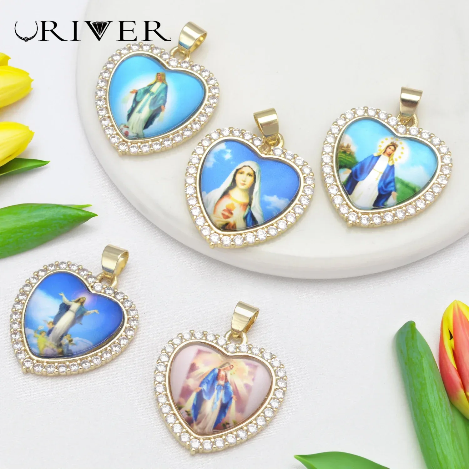 

LJRIVER Heart Catholic Virgin Mary Pendant for Jewellery Making Supplies Pave Zircon Jesus Charms DIY Earrings Bracelet Material